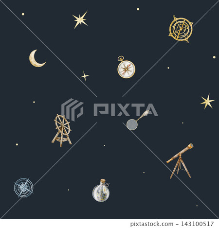 Explorer seamless watercolor pattern with celestial exploration objects on dark blue background. Minimal repeat with telescope and compass for fabric, wallpaper, nursery textiles and wrapping paper. Explorer seamless watercolor pattern with celestial exploration objects on dark blue background. Minimal repeat with telescope and compass for fabric, wallpaper, nursery textiles and wrapping paper. 143100517