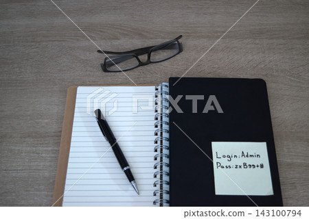 Cybersecurity vulnerability - Password written on sticky note on office desk. Cybersecurity vulnerability - Password written on sticky note on office desk. 143100794