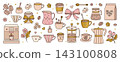 Coffee items boho clipart set. Caffeine barista vector signs, cute and cozy beverage illustrations 143100808