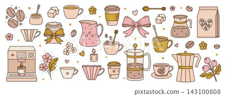 Coffee items boho clipart set. Caffeine barista vector signs, cute and cozy beverage illustrations Coffee items boho clipart set. Caffeine barista vector signs, cute and cozy beverage illustrations 143100808