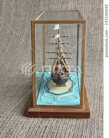 Miniature Galleon Ship Model in Glass Case Viewed from Above Miniature Galleon Ship Model in Glass Case Viewed from Above 143100848