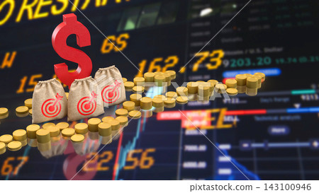 Money Bags and Coins for Financial Investment Goals 3d render. Money Bags and Coins for Financial Investment Goals 3d render. 143100946