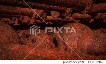 Corroded Industrial Pipe Network with Rusty Flanges and Bolted Connections 3d render. Corroded Industrial Pipe Network with Rusty Flanges and Bolted Connections 3d render. 143100962