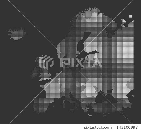 This graphic presents a pixelated vector map of Europe that reveals political boundaries. The map features small squares that represent different regions and countries. 143100998