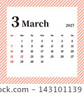 March 2027 Monthly Calendar, Sunday Start, Pink Stripes 143101139