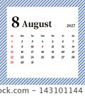 August 2027 Monthly Calendar, Sunday Start, Blue Stripe Pattern 143101144