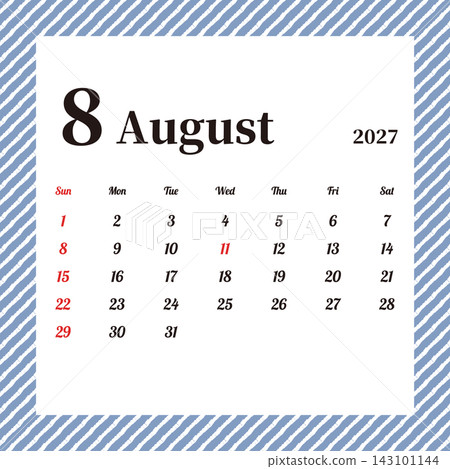August 2027 Monthly Calendar, Sunday Start, Blue Stripe Pattern August 2027 Monthly Calendar, Sunday Start, Blue Stripe Pattern 143101144