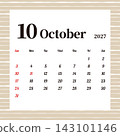 Monthly calendar for October 2027, Sunday start, casual striped pattern. 143101146