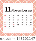 Monthly calendar for November 2027, Sunday start, cute cross pattern. 143101147