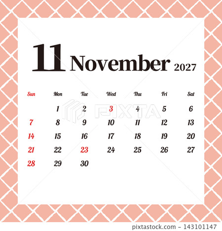 Monthly calendar for November 2027, Sunday start, cute cross pattern. Monthly calendar for November 2027, Sunday start, cute cross pattern. 143101147