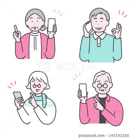 A set of illustrations of senior citizens using smartphones. A set of illustrations of senior citizens using smartphones. 143102108