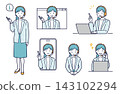 A set of illustrations depicting a woman in a suit wearing an intercom customer service/guidance. 143102294