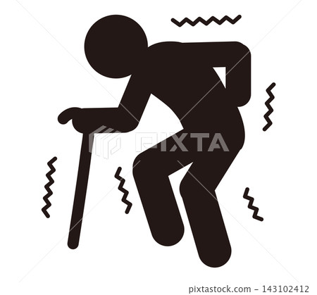Pictogram of an elderly person walking unsteadily with a cane | Aging, difficulty walking, physical decline, caregiving 143102412