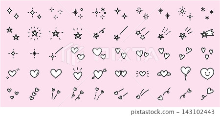 A set of vector illustrations of hand-drawn icons of glitter, hearts, and stars. Perfect for doodles and cute designs. 143102443