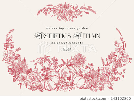 Vintage autumn frame with three pumpkins and garden flowers. Vintage autumn frame with three pumpkins and garden flowers. 143102860
