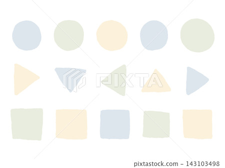 A set of hand-drawn circles, triangles, and squares in three colors (blue-gray, green, and yellow). A set of hand-drawn circles, triangles, and squares in three colors (blue-gray, green, and yellow). 143103498