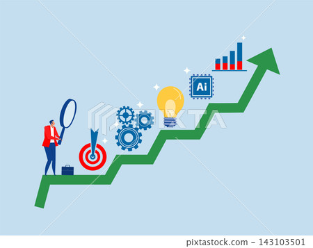 Business climbing bar growth concept with upward graph career progression, surrounded by icons of ideas, data, and success. 143103501