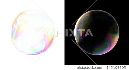 Rainbow-colored soap bubbles floating on transparent and black backgrounds; realistic 3D material. Rainbow-colored soap bubbles floating on transparent and black backgrounds; realistic 3D material. 143103505
