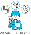 An illustration of a woman in work clothes preventing and resolving plumbing problems. 143103927