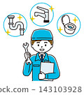 An illustration of a man in work clothes preventing and resolving plumbing problems. 143103928