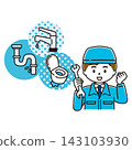 An illustration of a man in work clothes solving a plumbing problem. 143103930