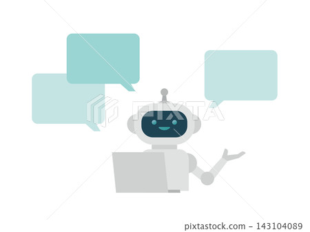 Vector illustration of an AI robot explaining and describing something in front of a PC, with speech bubbles. Vector illustration of an AI robot explaining and describing something in front of a PC, with speech bubbles. 143104089