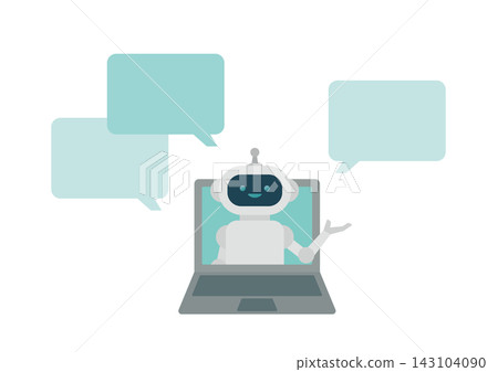 Vector illustration of an AI robot that pops out of a PC to explain and describe, with speech bubbles. Vector illustration of an AI robot that pops out of a PC to explain and describe, with speech bubbles. 143104090