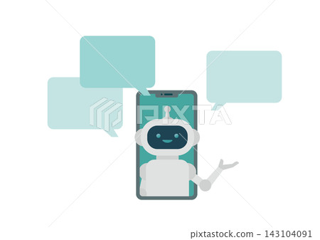 Vector illustration of an AI robot popping out of a smartphone to give explanations and commentary, with speech bubbles. Vector illustration of an AI robot popping out of a smartphone to give explanations and commentary, with speech bubbles. 143104091