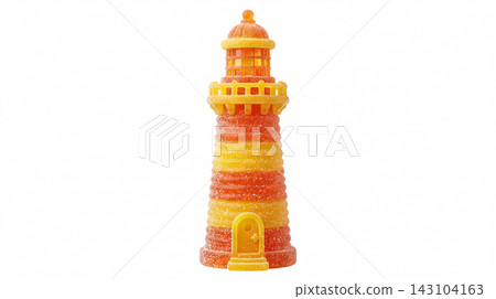 Orange and yellow striped lighthouse candy with lighthouse translucent isolated background confectionery delicious appetizing colorful decoration miniature nautical navigational building Orange and yellow striped lighthouse candy with lighthouse translucent isolated background confectionery delicious appetizing colorful decoration miniature nautical navigational building 143104163