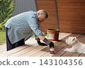 Mature homeowner applies protective oil to wooden deck boards while a dog watches, illustrating outdoor maintenance and terrace refinishing for home improvement campaigns. 143104356