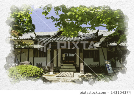 山崎城町、山崎城、山崎歷史民俗博物館、兵庫縣紫蘇市的水彩風格繪畫。 山崎城町、山崎城、山崎歷史民俗博物館、兵庫縣紫蘇市的水彩風格繪畫。 143104374