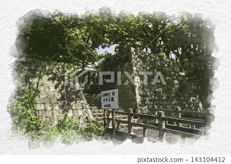 兵庫縣紫蘇市山崎城町、山崎城和梅子門遺址的水彩風格繪畫。 兵庫縣紫蘇市山崎城町、山崎城和梅子門遺址的水彩風格繪畫。 143104412