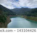 A sunken bridge over an emerald green lake 143104426