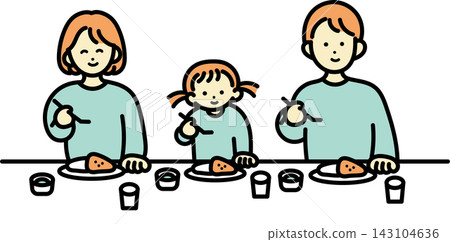 An illustration of a family of three eating curry rice. An illustration of a family of three eating curry rice. 143104636