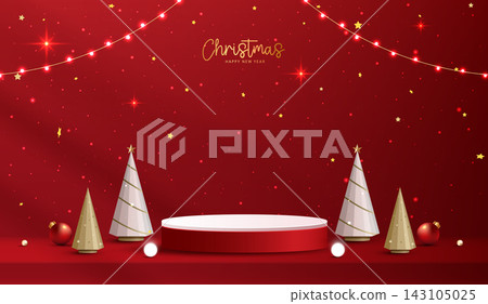 Merry Christmas Happy New Year festive red 3D cylinder podium mockup for product display. Glowing string lights, golden cone pine tree, gold stars, magical light rays holiday vector illustration. Merry Christmas Happy New Year festive red 3D cylinder podium mockup for product display. Glowing string lights, golden cone pine tree, gold stars, magical light rays holiday vector illustration. 143105025