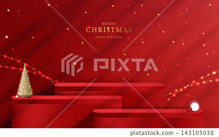 Merry Christmas Happy New Year festive red holiday background mockup with 3D corrugated podium stand for product display. Glowing string lights, gold stars, cone pine tree vector illustration. 143105038