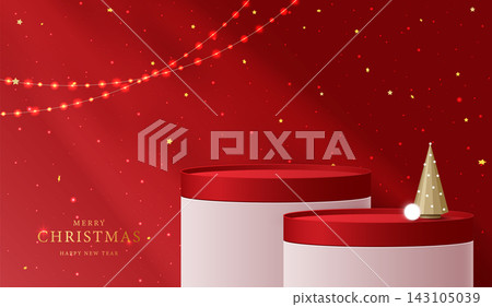 Merry Christmas Happy New Year festive red 3D cylinder podium mockup for product display. Glowing string lights, golden cone pine tree, gold stars, magical light rays holiday vector illustration. 143105039