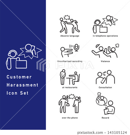 A set of line art icons about various forms of customer harassment. A set of line art icons about various forms of customer harassment. 143105124