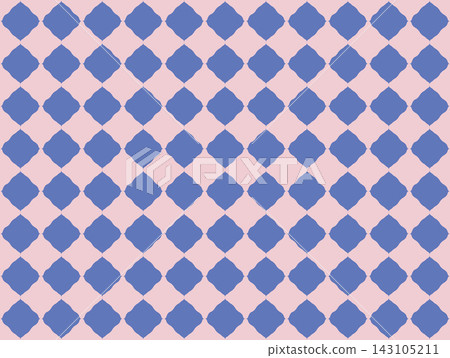 Seamless geometric pattern with blue wavy diamond shapes on pastel pink background. Vintage textile vector illustration for fabric print, wrapping paper, tile texture, backdrop, cute retro wallpaper. Seamless geometric pattern with blue wavy diamond shapes on pastel pink background. Vintage textile vector illustration for fabric print, wrapping paper, tile texture, backdrop, cute retro wallpaper. 143105211