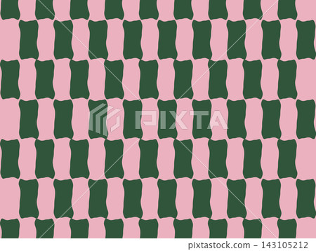 Seamless geometric pattern with abstract wavy hand drawn dark green and pastel pink rectangular blocks. Retro vector illustration fabric textile print, wrapping paper, and cute wallpaper background Seamless geometric pattern with abstract wavy hand drawn dark green and pastel pink rectangular blocks. Retro vector illustration fabric textile print, wrapping paper, and cute wallpaper background 143105212