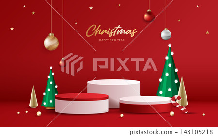 Merry Christmas and Happy New Year festive red 3D podium mockup for product display. Green pine trees, glowing string lights, bauble ornament on red background. Minimal holiday vector illustration. 143105218