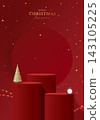 Merry Christmas Happy New Year festive red holiday background mockup with 3D corrugated podium stand for product display. Glowing string lights, gold stars, cone pine tree vector illustration. 143105225