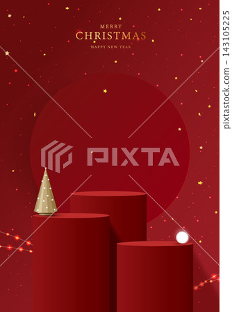 Merry Christmas Happy New Year festive red holiday background mockup with 3D corrugated podium stand for product display. Glowing string lights, gold stars, cone pine tree vector illustration. Merry Christmas Happy New Year festive red holiday background mockup with 3D corrugated podium stand for product display. Glowing string lights, gold stars, cone pine tree vector illustration. 143105225
