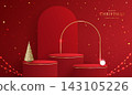 Merry Christmas and Happy New Year festive red 3D podium mockup for product display. Red arch backdrop, golden arch frame, cone pine tree, glowing string lights, stars vector illustration design. 143105226