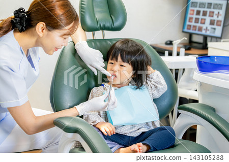 A dental hygienist applying fluoride to a child's teeth at a dental clinic. A dental hygienist applying fluoride to a child's teeth at a dental clinic. 143105288