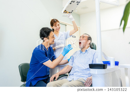 Senior man receiving treatment at a dental clinic Senior man receiving treatment at a dental clinic 143105322