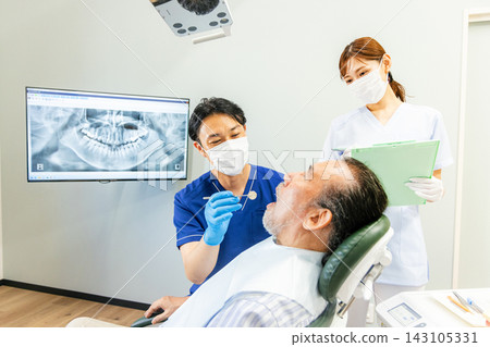 Senior man receiving treatment at a dental clinic Senior man receiving treatment at a dental clinic 143105331