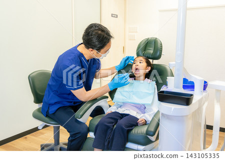 A young elementary school girl receiving a dental examination and a male dentist. A young elementary school girl receiving a dental examination and a male dentist. 143105335