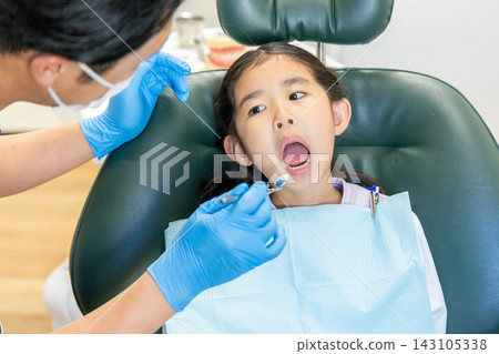A young elementary school girl receiving a dental examination and a male dentist. A young elementary school girl receiving a dental examination and a male dentist. 143105338