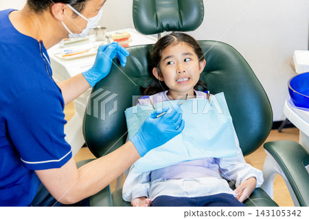 A young elementary school girl receiving a dental examination and a male dentist. A young elementary school girl receiving a dental examination and a male dentist. 143105342
